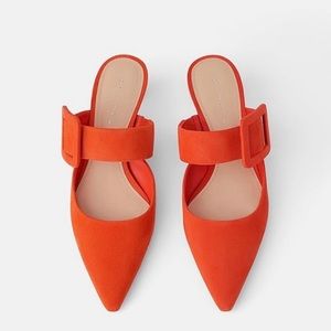 Zara Suede Orange Kitten Heeled Mules With Buckle Orange Size 6.5| 37